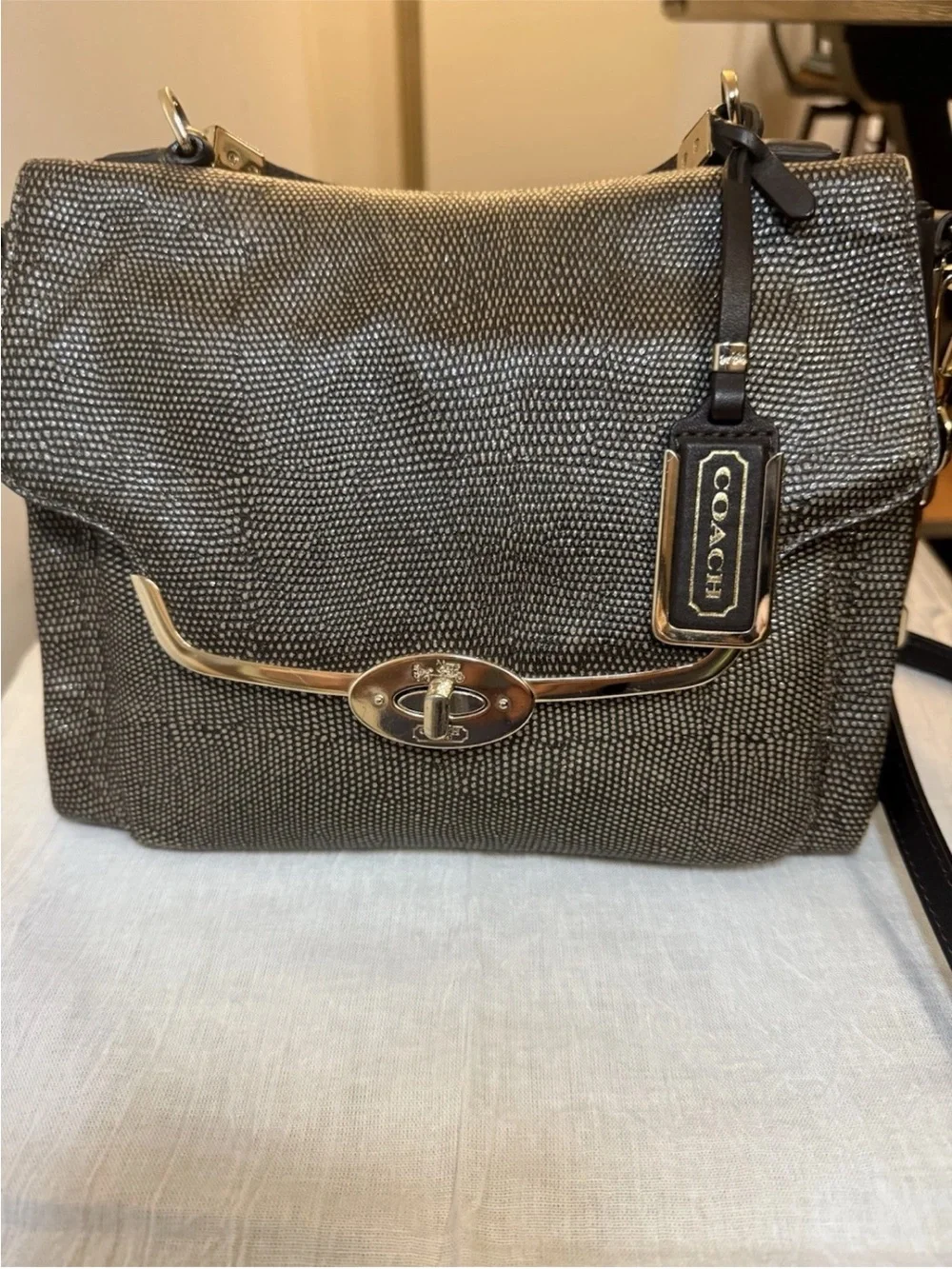 Coach Metallic Gold Pebbled Leather Turnlock Crossbody Satchel Bag